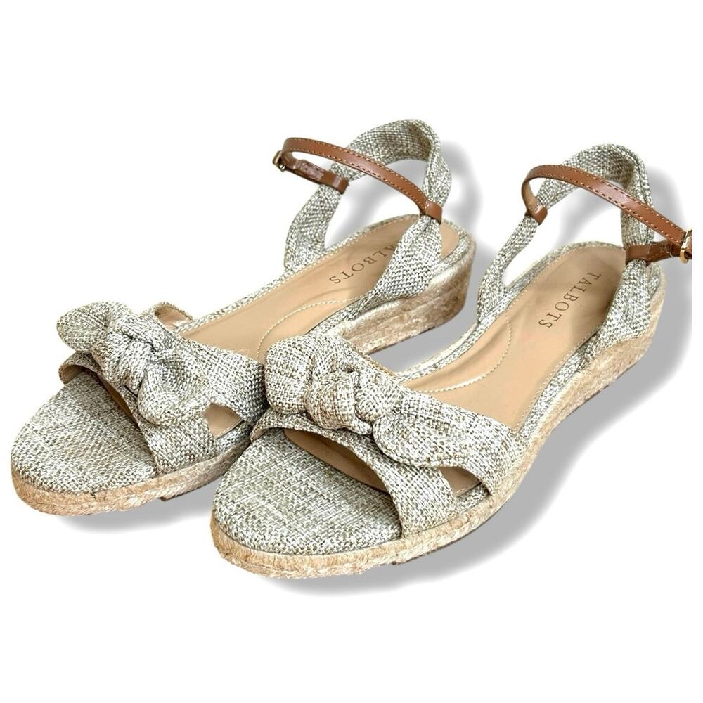Talbots Pamela Knot Linen Espadrille Wedge Sandals Tan Natural Ankle Strap Sz 8